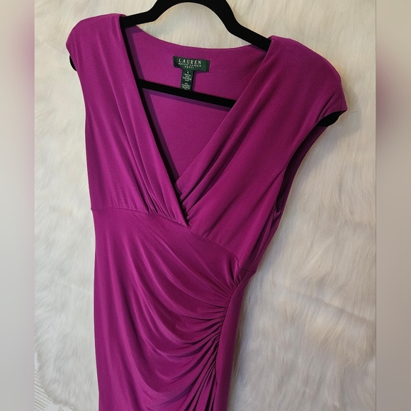 Lauren Ralph Lauren Classic Side Ruch Magenta Midi Dress - Picture 2 of 8